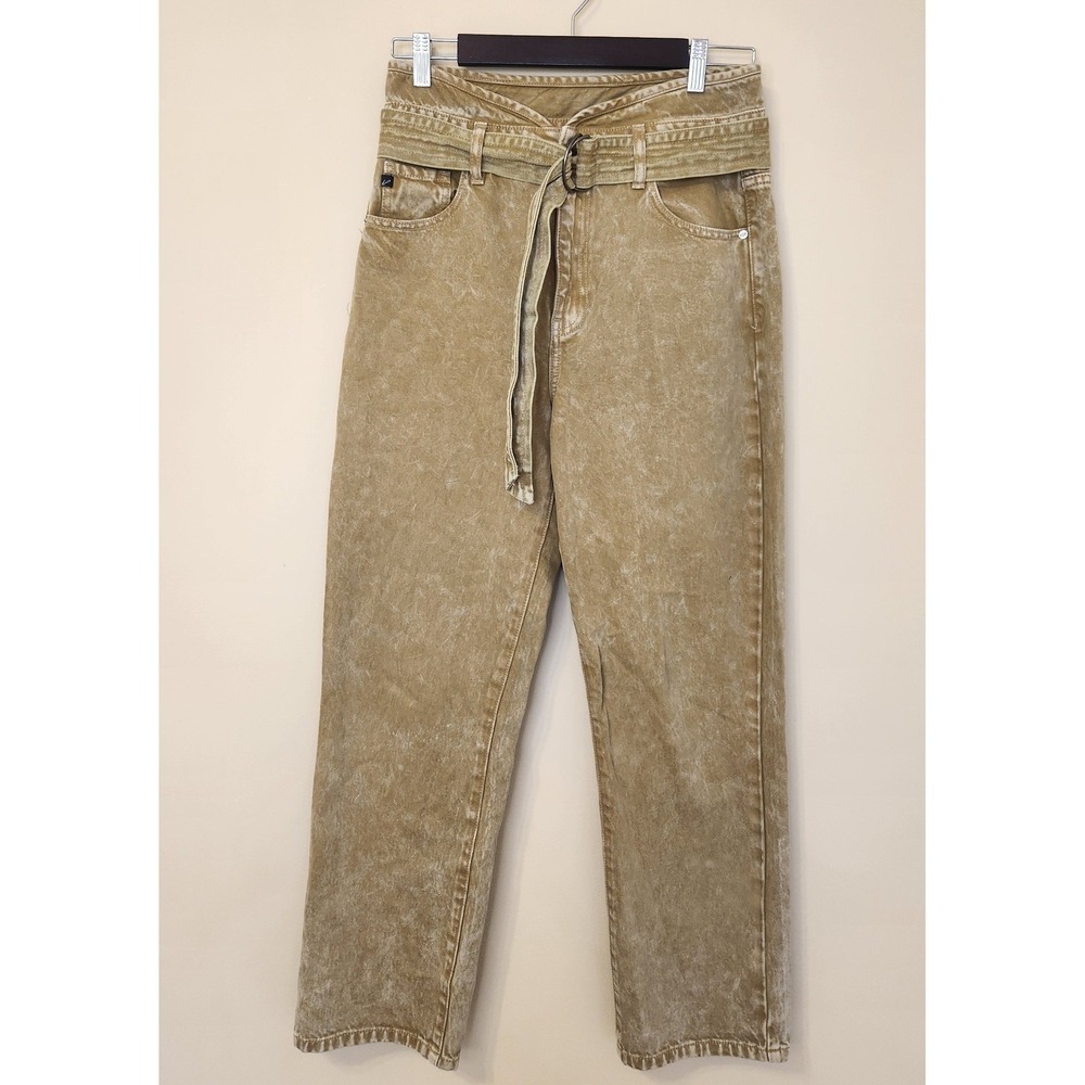 Kancan Womens Jeans Tan Acid Wash Belted Straight Leg High Rise‎ Size 7/27